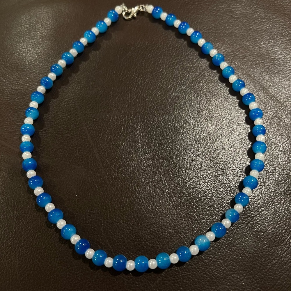 Blue and white beaded necklace